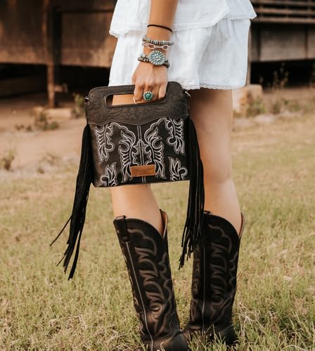 Image of Wrangler Western Handbag for Women Crossbody Bag Top Handle Shoulder Bag Embossed Cowgirl Fringe Purse