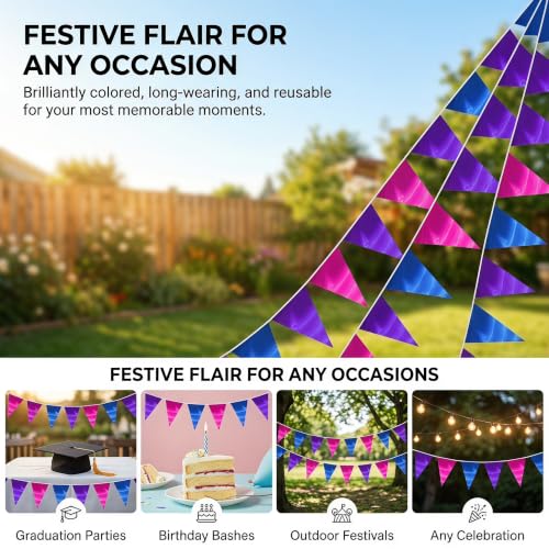 Image of 130FT Blue Purple Rose Red Triangle Pennant Banner Flag Metallic Fabric Bunting Garland for Christmas Graduation Wedding Anniversary Bachelorette Birthday Bridal Shower Valentines Hen Party Supplies