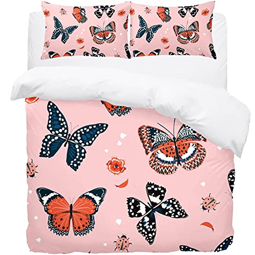 Parure de lit papillons rose : housse de couette et 2 taies d'oreiller pour lit double