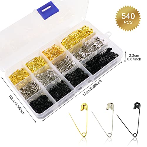 Redamancy 540 Pcs Premium Safety Pins, 4 Sizes Rust Resistant Safety Pins, 3 Colors Safety Pins For Clothes, For Clothes, Crafts, Sewing, Dressmaking, With Storage Box, Gold Silver Black #TOP2