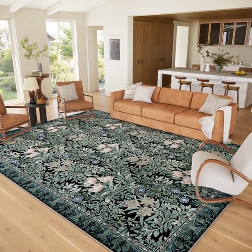 Image of Washable Area Rugs 9x12 Black Green Vintage Floral Botanical Pattern,Perfect for Living Room, Bedroom, Kids Room, Nursery - Stain & Water Resistant Non-Slip, Pet & Child Friendly /Bedroom Decor