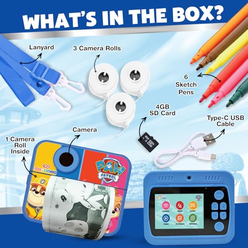 Image of Wembley DIY Instant Print Digital Camera for Kids 3+| Includes Print Rolls, 4GB SD Card & Strap| Fun Birthday Gift for Boys & Girls (Paw Patrol Theme)