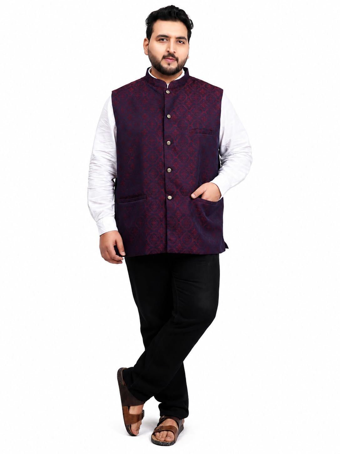BeyondPlus Men's Plus Size Jacquard Nehru Jacket Navy Blue Maroon-picture-55