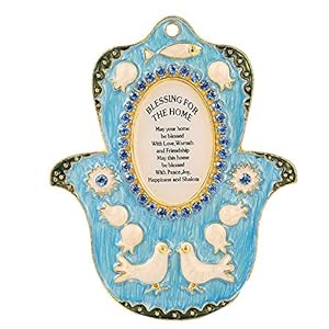Matashi House Blessing Hanging Wall Decoration with Crystals (Pewter) Lovely Decor for Bed room Kitchen Dwelling Household Room Hanging Artwork for Peace Pleasure Success Present for Mom’s Day (Blue – Judaica Hamsa)