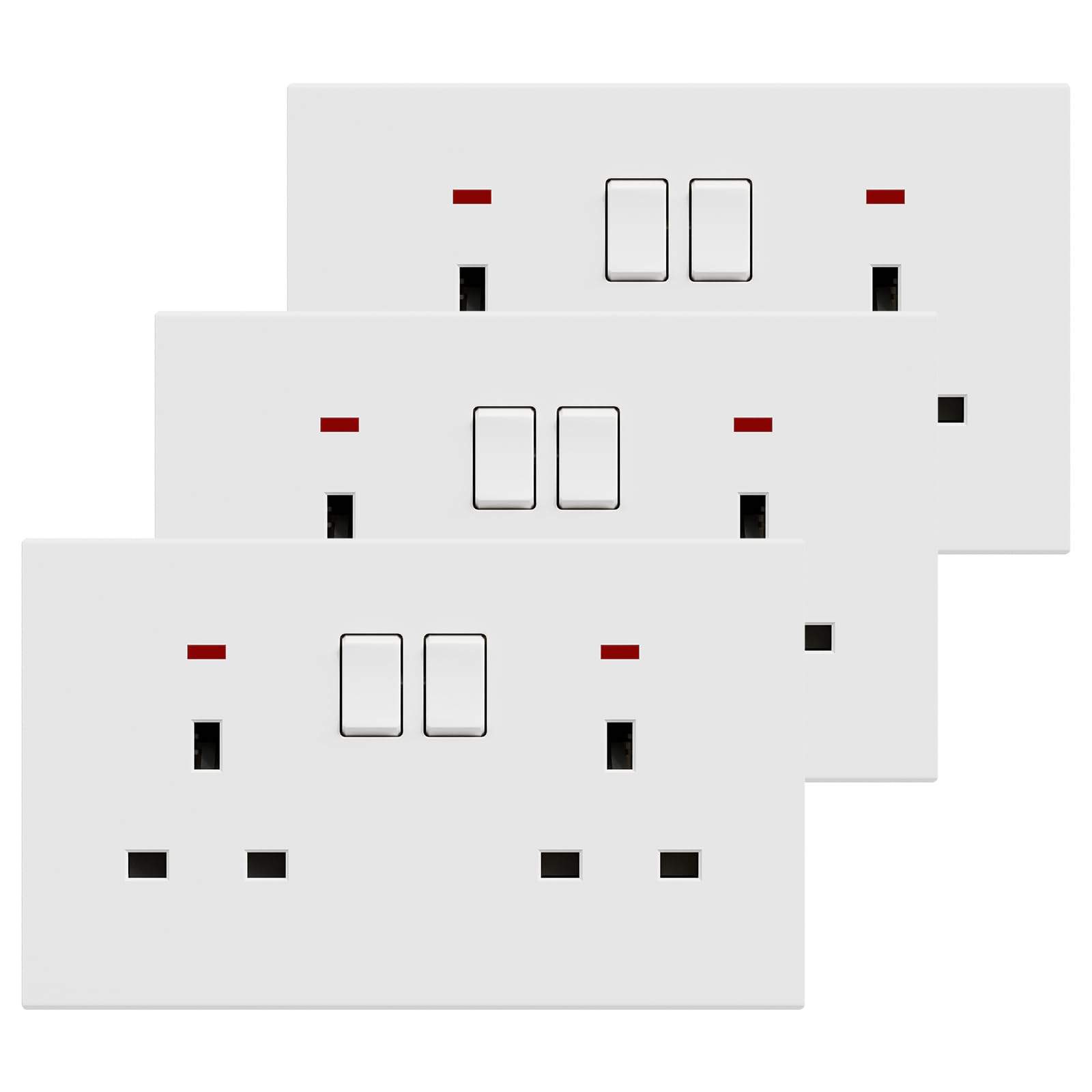 BSEED Double Socket 3 Pack, Electrical Double Switched Power Plug Wall Socket with LED Indicator, PC Wall Plate Outlet, White, 13A