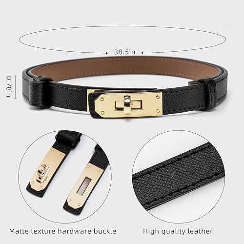 Women's Genuine Leather Skinny Belt Adjustable Gold Buckle for Dresses Coats Black Fashion Belt3