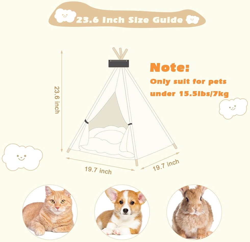 EMUST Pet Teepee, Large Dog Teepee Bed with Thick Cushion, 24 Inch Tall, Portable Washable Teepee Tent for Dogs Puppy, Cat and Rabbits, for Pets Up to 15lbs (Solidwhite, Medium)