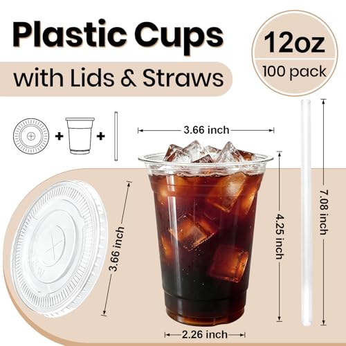 KANJIE 12 oz 100 Pack Clear Plastic Cups with Lids and Straws, Leak-Proof & Kid-Friendly Size Disposable Iced Coffee Cups for Juice, Smoothies and Cocktails, BPA Free PET — view 2