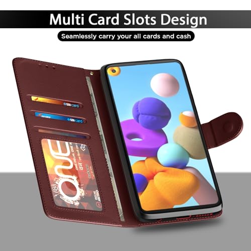 Image of Pikkme Samsung Galaxy A21s Flip Cover Magnetic Leather Wallet Case Shockproof TPU for Samsung Galaxy A21s (Brown)