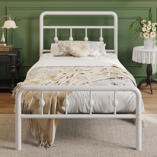 Lutown-Teen 12 Inch Twin XL Bed Frames with Headboard and Footboard Heavy Duty XL Twin Metal Mattress Foundation No Box Spring Needed Noise Free Easy Assembly White
