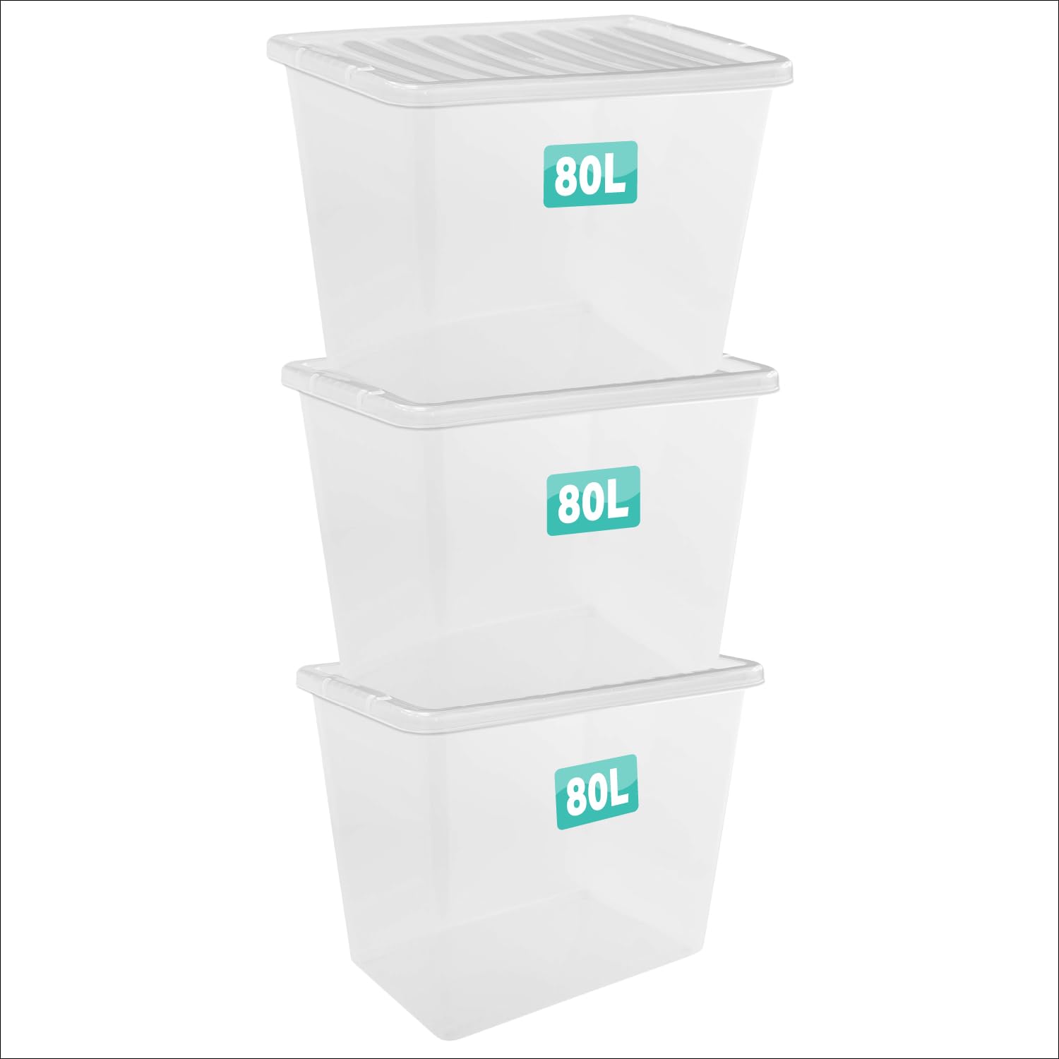 3 x 80 Litre Clear Plastic Storage Boxes With Lids Set of 3