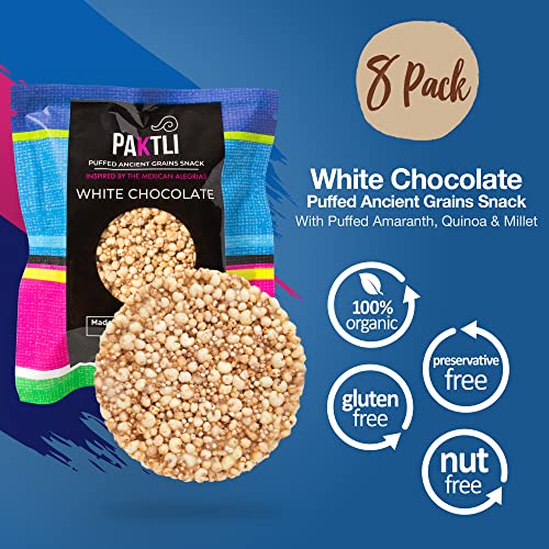 Paktli Foods Organic White Chocolate Puffed Ancient Grains Snack Pack. With Puffed Quinoa, Puffed Amaranth & Puffed Millet. 100% All Natural Organic Ingredients. Gluten Free, Preservative Free. Chocolate Snacks For Adults & Kids. 1.05Oz (Pack Of 8) #TOP1