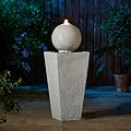 Glitzhome Patio Fountain Waterfall with LED Light Decorative Outdoor Fountain with Black Pebbles Pedestal Sphere Water Fountain with Submersible Pump Vintage Decor for Garden Patio Deck Porch, 32”H