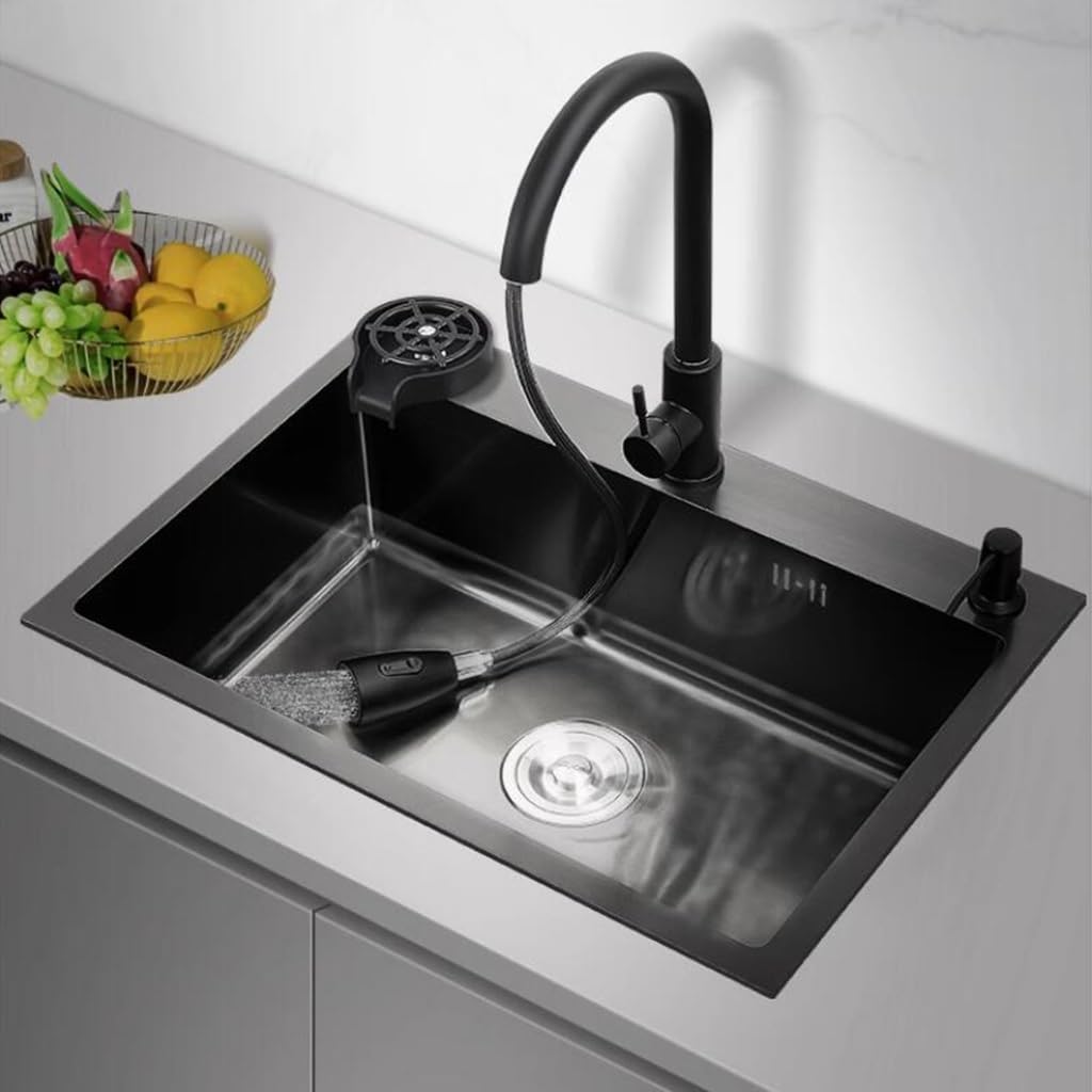 Siphon d'évier de cuisine avec robinet de lave-glace en verre Préparer l'évier Colis de comptoir Lavabo de piscine à eau, acier noir - 72 x 45 x 20 cm