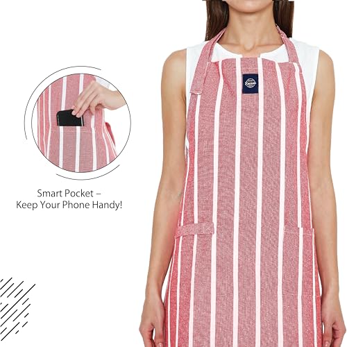 Image of Encasa XO Cotton Cooking kitchen Apron for Women and Men chef apron With adjustable neckstrap, Pocket & Towel Holder for Easy cooking, Baking, BBQ, Gardening- Roma Red Stripes, 68x85 cm