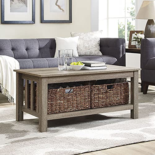 Walker Edison Alayna Mission Style Two Tier Coffee Table With Rattan Storage Baskets, 40 Inch, Driftwood #TOP3