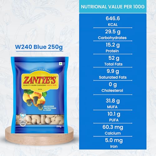 Image of Zantye's W240 Plain Cashew 250g | Premium Whole Goan Kaju | Vacuum Packed & Nitrogen Flushed | Crunchy & Fresh Dry Fruit | High Protein & Healthy Fats | Vegan Snack | Ideal for Gifting & Cooking