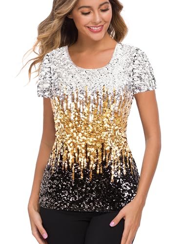 MANER Womens Full Sequin Top Glitter Party Shirt