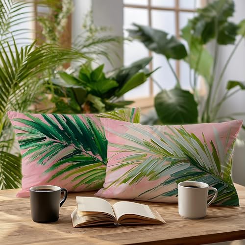 Image of Pink and Green Summer Tropical Coastal Palm Leaf Pillow Cover Decor 12x20,Small Botanical Decorative Lumber Throw Pillow Cover for Beach House Decor Double-Sided Set of 2