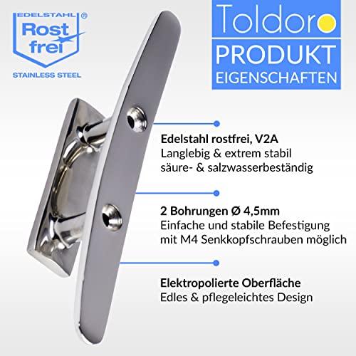 Toldoro® Klampe 150mm aus Edelstahl rostfrei V4A, 2 Bohrungen/Belegklampe, Bootsklampe mit elektropolierter Oberfläche/Festmacher für Sonnensegel oder als Boot Zubehör