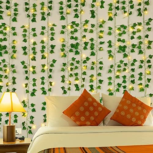 Sunm Boutique 12 Pack 84 Ft Artificial Ivy Garland with LED, Fake Plant Vine Hanging Garland, Fake Ivy Garland, Green Leaves Hanging Plants for Bedroom, Wall, Wedding Party Dec