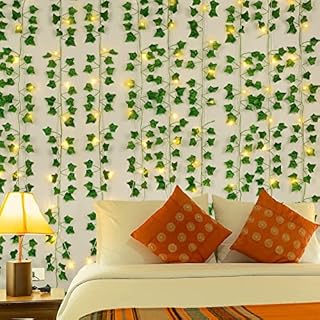 Sunm Boutique 12 Pack 84 Ft Artificial Ivy Garland with LED, Fake Plant Vine Hanging Garland, Fake Ivy Garland, Green Leaves Hanging Plants for Bedroom, Wall, Wedding Party Dec