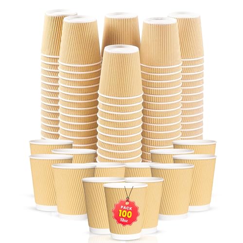 CHEF ROYALE Lot de 100 tasses à café en papier kraft ondulé isothermes pour boissons chaudes et froides - 12 oz - Marron - Gobelets à café à emporter