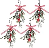 Twinice 4 Stück Künstliche Weihnachts-Mistelzweige, 23 cm Hängende Mistelzweige mit Karierter Schleife & Roten Beeren, Dekorationszweige für Weihnachtsbaum, Tür, Fenster & Wand