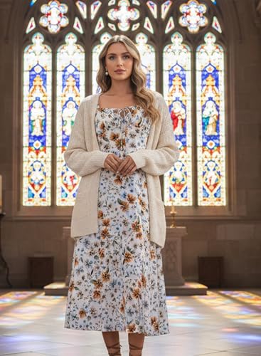 Image of BLENCOT Womens Casual Square Neck Long Sleeve Boho Floral Midi Dress Print Side Split Dresses