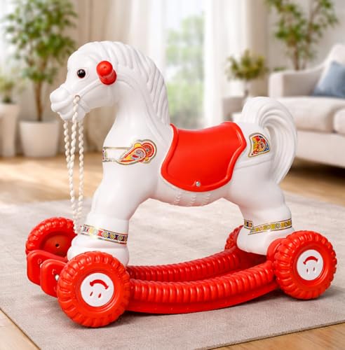 Image of Kids 2-in-1 Ride-On Rocking Horse with Wheels | Baby Rocker & Walker Toy | Sturdy Plastic Indoor Outdoor Ride-On | Balance & Motor Skill Development | Toddler Toy for Boys & Girls