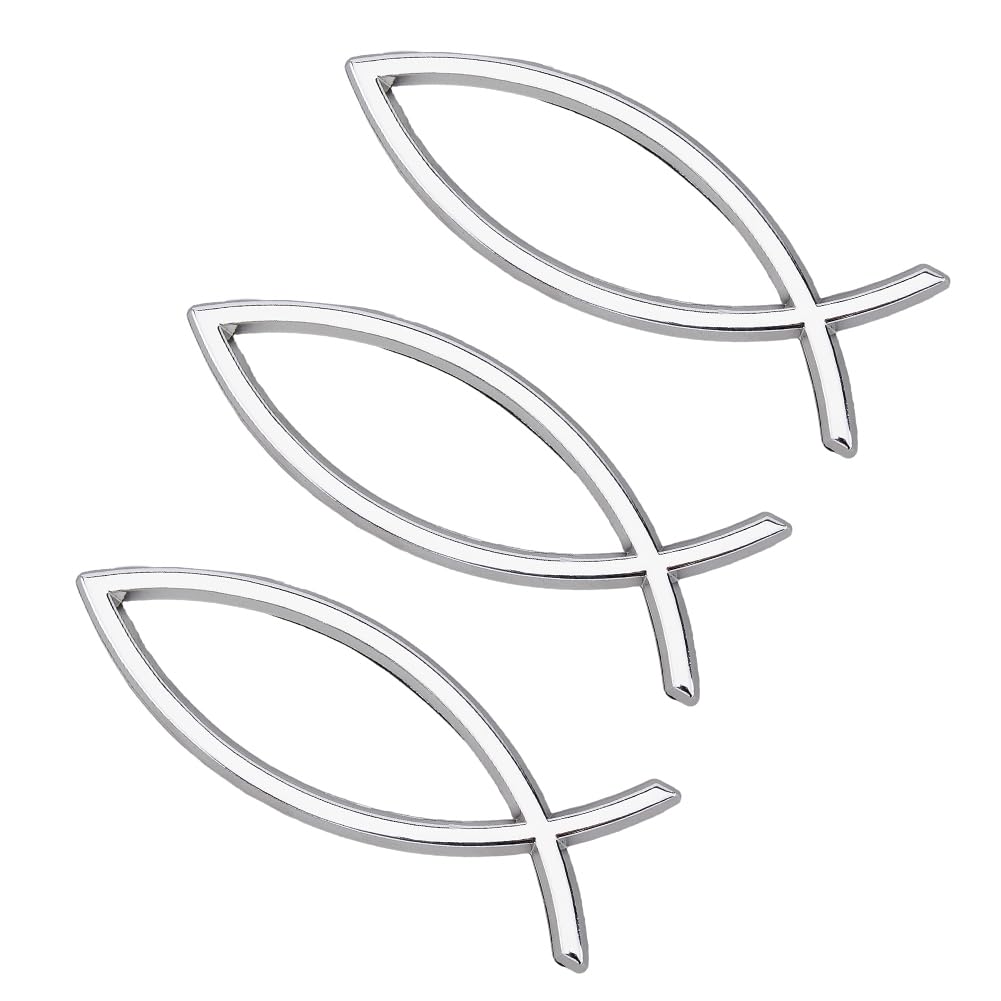 SUPERFINDINGS 3PCS Silver Jesus Fish Emblem - 3D Car Decal Sticker 14x4.6cm/5.5x1.8inch - Plastic Shape for Motorcycle, Trucks, Walls, Windows
