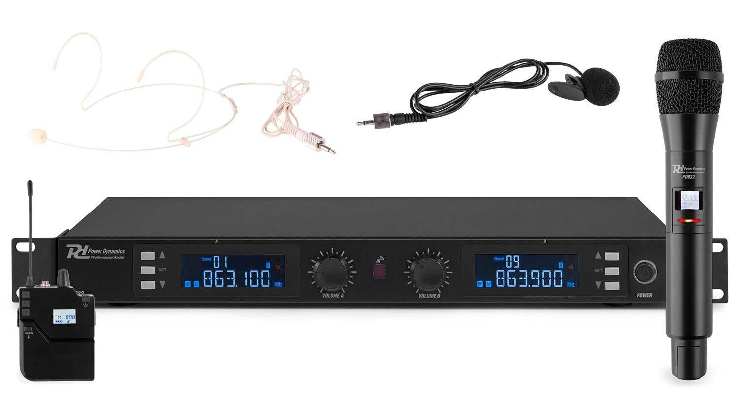 Power Dynamics PD632C Drahtloses Mikrofon und BodyPack mit Headset und UHF-Verstärker im Koffer | Hand und Kopfband oder Klappe, 20 UHF-Kanäle, XLR-Ausgänge, Rack-Montage