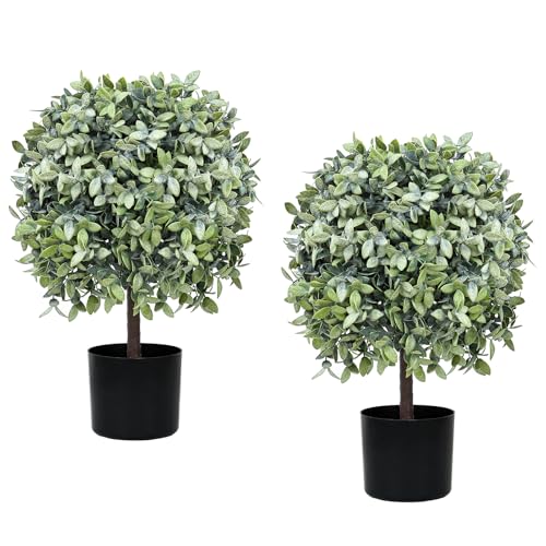 UNADRA Topiary Trees Artificial Outdoor for Front Porch Set of 2 Faux Shrub Plants (23' T,13' D) - Fake Boxwood Ball Shrubs Potted for Home Decor (2 Color-Mix)