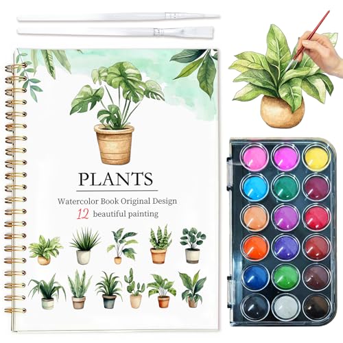 Easy Watercolor Workbook for Beginners - 12 Beautiful Step-by-Step Paintings Water Coloring Book, Includes 18 Colors Paints, Relaxing Art Projects and Creative Gift for Adults & Teen (Plants)