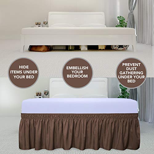 PureFit Wrap Around Ruffled Bed Skirt with Adjustable Elastic Belt - 18 Inch Drop Easy to Put On, Wrinkle Free Bedskirt Dust Ruffles, Bed Frame Cover for Queen, King and C-King Size Beds, Brown