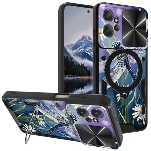 for Motorola Moto G-Power-5G 2023 Case, with Slide Camera Cover&Shockproof Bracket, Dual Layer Durable Heavy Duty Protective Cell Phone Case for Moto G Power 5G 2023,Dragonfly Wildflowers