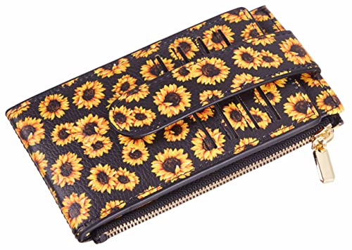 Image of Chelmon Women's RFID Slim Card Holder Wallet | Thin Bifold Multi Card Case with Zipper Coin Pocket Purse for Women(Sunflower)