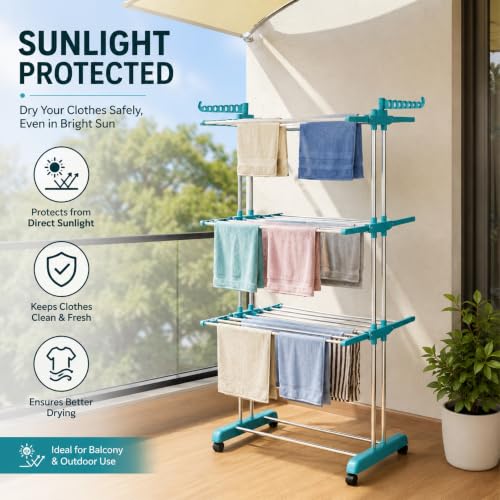Image of LAPO Heavy Duty Cloth Dryer Stand for Drying Clothes for Indoor & Outdoor | Fodable | 360 Wheels | Anti Rust & Corrosion All Season | More Than 40 Clothes Drying | Space Saving & Adjustable (5.7 Ft)