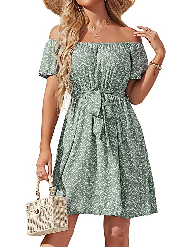 Image of Off Shoulder Ruffle Dress for Women, A-Line Mini Dress with Belt, Fitted Bust Summer Wedding Guest Dress