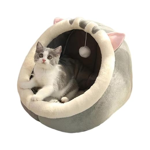 NatureMan Indoor Cat House with Hanging Ball Kitten Tent Removable Cotton Cushion Warm Soft (Grey, M)