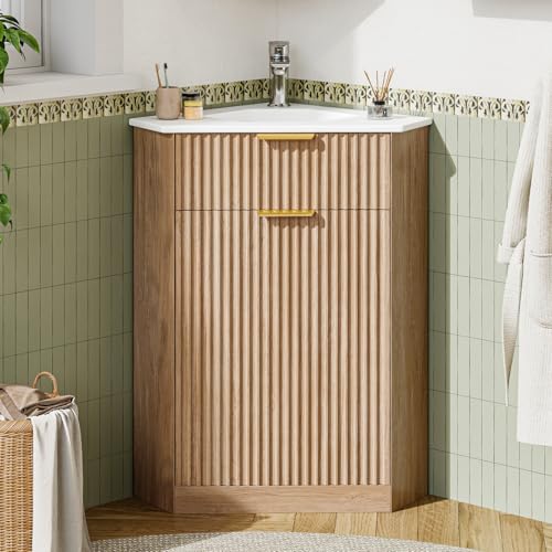 Halitaa Corner Bathroom Vanity Sink ComboBathroom Cabinet for Small Space Freestanding Modern Storage Cabinet with White Ceramic Sink Space Saving Triangular Bathroom Furniture Oak