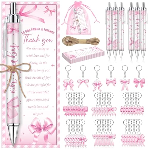 EYNDYN 145 Pieces Pink Bow Baby Shower Favors for Guest Bow Coquette Ballpoint Pens and Keychains Gifts for Girls Bulk Retractable Baby Shower Pens Gender Reveal Thank You Cards Souvenirs Prizes