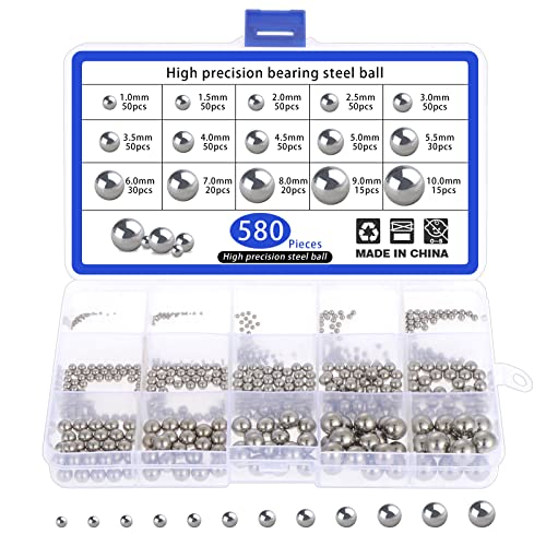 Moendergo 580 Stück 1-10 mm Kugellager, Stahlkugeln, metrische Präzision, 15 Größen, 304 Edelstahl-Kugellager, verschiedene lose Fahrradlager, Stahlkugel für Fahrrad-Rad-Ersatzteile Cover