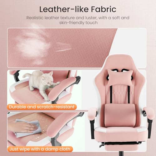 Image of DUMOS Gaming Chair with Linkage Armrests, Video Game Chairs with Pocket Spring Cushion, Ergonomic Computer Silla Gamer Office Desk Chair with Footrest for Adults & Students, Pink