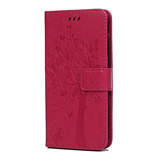 Huawei P20 Lite Case, Premium PU Leather Flip Notebook Wallet Case Embossed Cat Butterfly with Magnetic Stand Card Holder ID Slot Folio Soft Protective Skin Case Cover for Huawei P20 Lite Rose Red