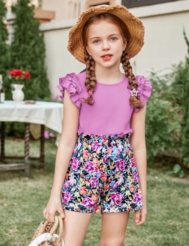 Image of Arshiner Girls 2 Piece Outfits Summer Clothes Ruffle Short Sleeve Shirts Top and High Waist Paper Bag Shorts Set with Pockets
