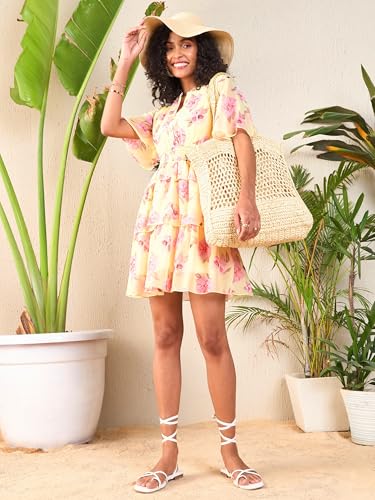 Image of SASSAFRAS Women's Layered Hem Short- Floral Printed Flared Sleeve Layered Georgette Fit & Flare Dress