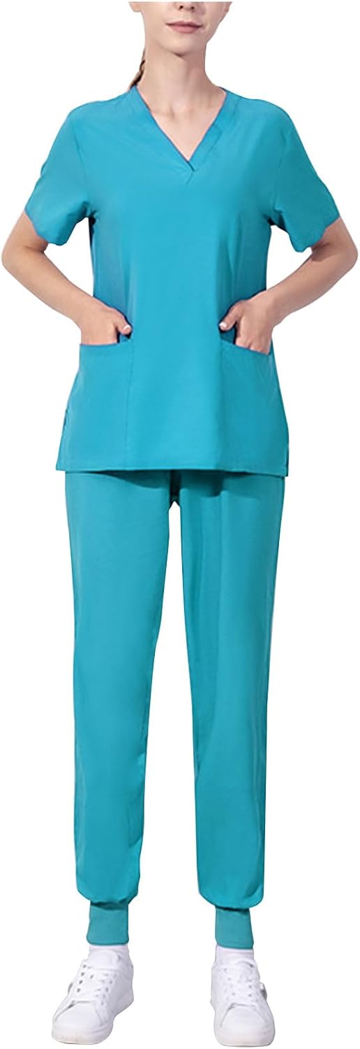 Nurse Uniforms Women Set Short Sleeve V Neck Scrub Top and Pants Jogger Scrubs Sets for Women 2 Piece