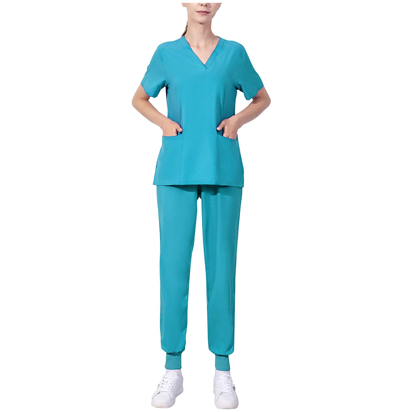 Generic Scrubs-Set for Women 2 Piece Outfits Nurse Uniform Jogger Suit Classic Stretch Top Pants with Pocket Nurse