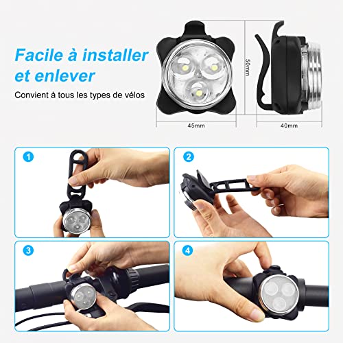 Lampe LED de Vélo,Ozvavzk Lumière Vélo Rechargeable Avant Arrière, 4 Modes de Luminosité éclairage USB Antichoc Impermeable VTT VTC Cycliste Poussette Camping - Image 6